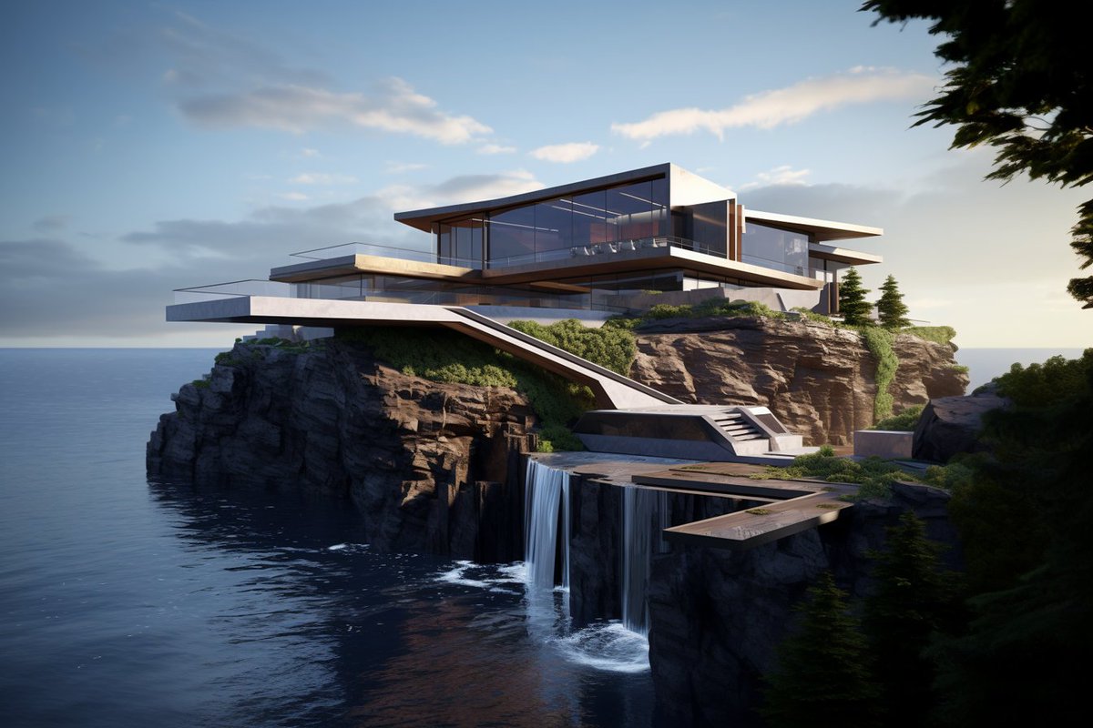 SuperDwell's tweet photo. Modern luxury meets nature’s wonder: a cliffside haven with its very own cascading waterfall. Living here is like embracing the future while being cradled by the earth.

#ai #aiinteriordesigner #aiinteriordesign #interiordesign #interiors #architecture #artificialintelligence https://t.co/7a8XgzsFnL