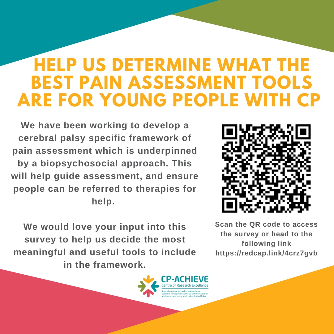 We have been working to develop a cerebral palsy specific framework of pain assessment. We would love your input to help us decide the most meaningful and useful tools to include in the framework. Scan the QR code or see link to access the survey 👉️redcap.link/4crz7gvb