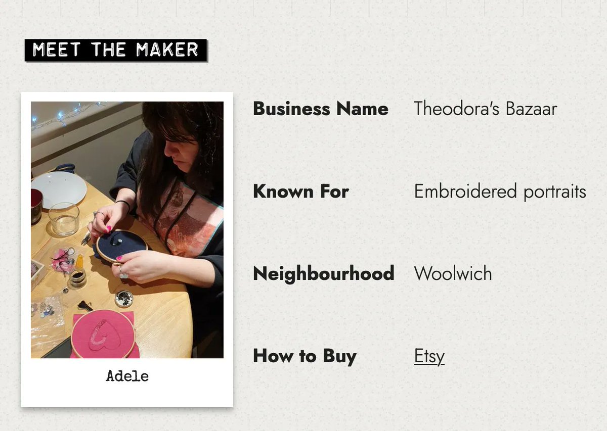 WoolwichMakers's tweet photo. Meet the Maker - Adele from Theodora's Bizzare 
Known for - Her Embroidery Portraits 
Lives in - Woolwich 
Find out more about Adele and her business Theodora's Bizzare on our website. https://t.co/07sZrlMNVH https://t.co/AZXGXqrfRV