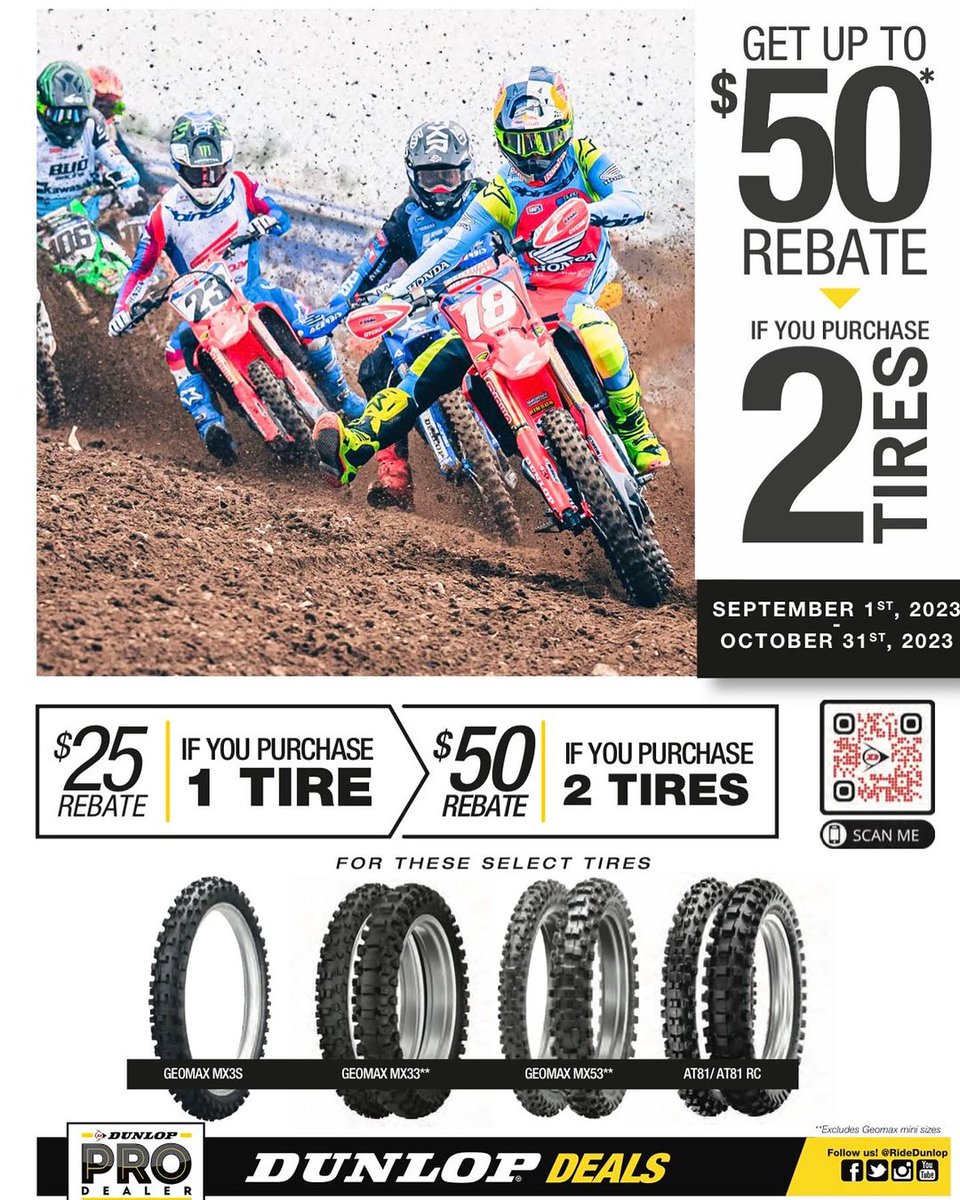 Dirt season is here and Dunlop Motorcycle Tires is extending their rebate offer until the end of October to help everyone get some fresh rubber for the season take advantage of these offers!!! #ridedunlop #dunloptires #dirtbike #dirt #geomax