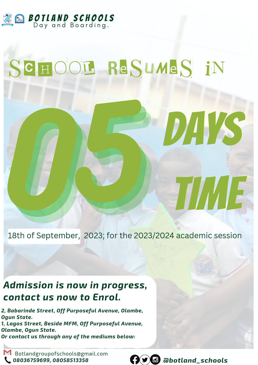 Botland_schools's tweet photo. 5⃣ DAYS TILL RESUMPTION 🌟🌟🌟💫💫💫

5 days and counting... back to school. 🏫

As the excitement building up!  Are you ready for school?📚✨ 
#BackToSchool
#Schoolresumption
#Schoolsinlambe
#Botlandschool

Chizzy Bella Banky W Arrest Peter obi https://t.co/W7oNOuNd86