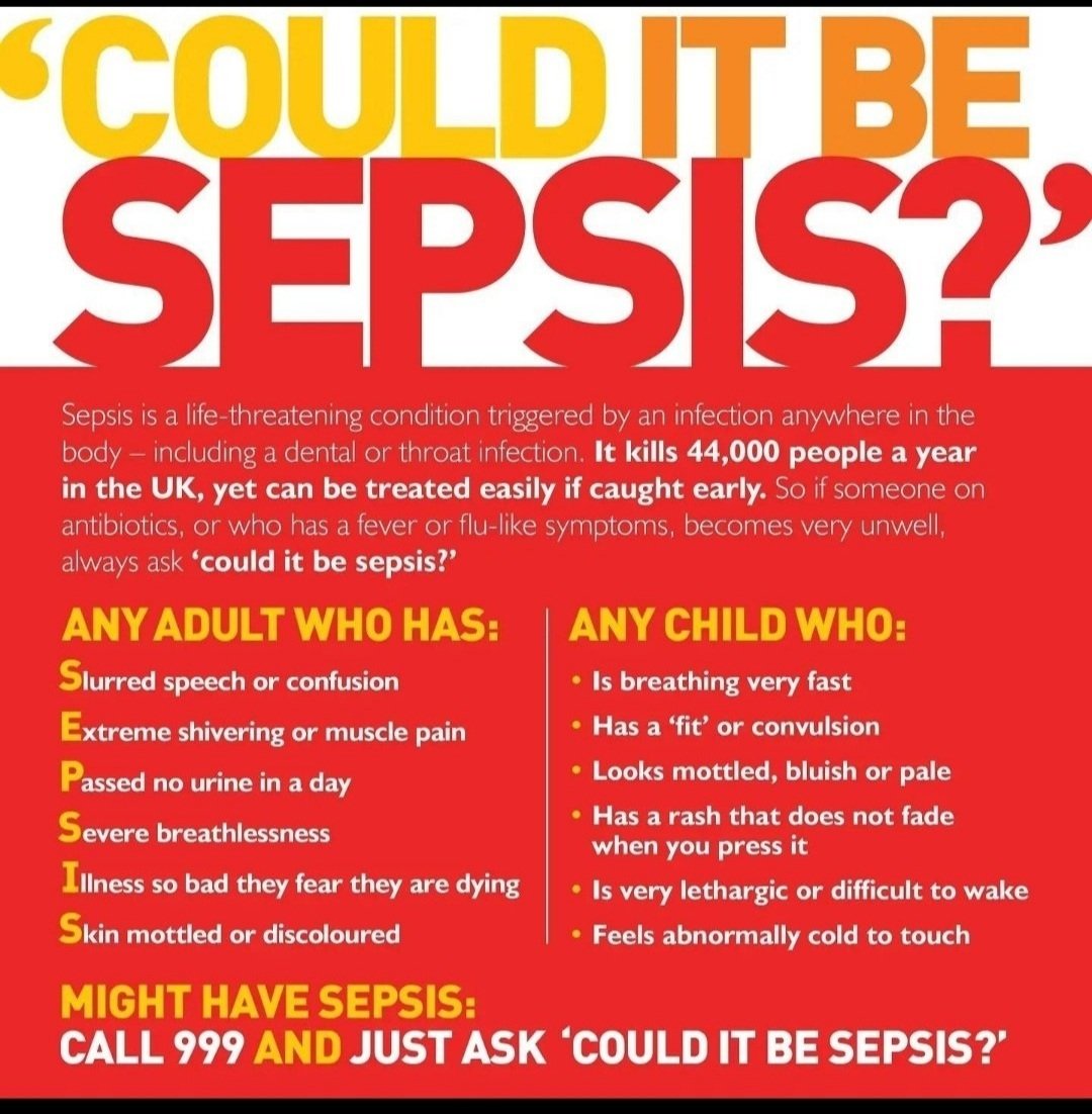 5 people an hour die of Sepsis in the UK and every 3 seconds someone in the World dies of Sepsis. 
Knowledge is power, know the signs, Share the information, educate others &amp; don't be afraid to ask "Could this be Sepsis?" #WorldSepsisDay #SepsisAwarenessMonth