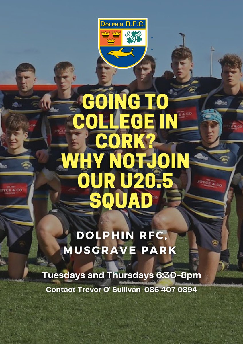 Coming to college in Cork and looking for a new team to join?

Why not join our U20.5 team right here In Dolphin RFC (less than 15 minutes away from both UCC and MTU) 
#DolphinStrong 🐬