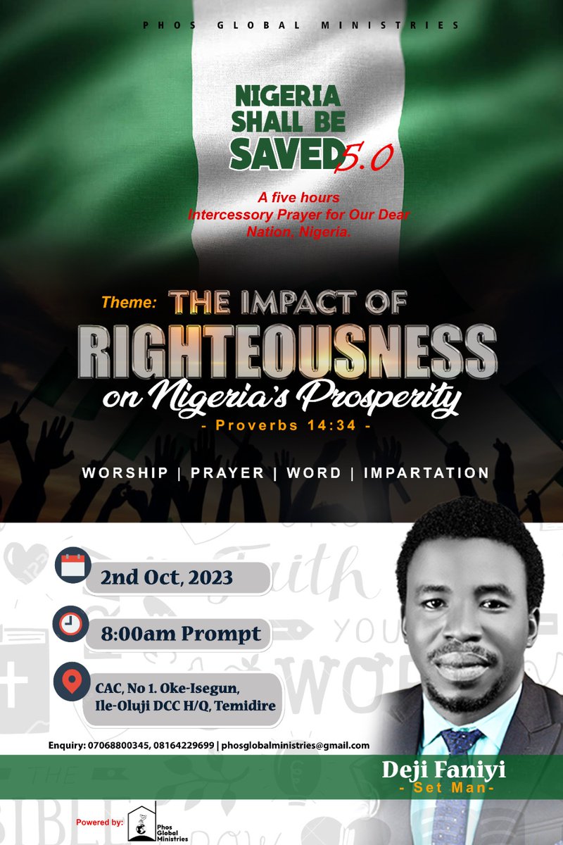 official_faniyi's tweet photo. It's almost that time of the year again when we cry to Abba, when we intercede on behalf on our land. Join us on October 2nd for the 5th edition of Nigeria shall be saved in Ondo State.
#Nigeria shall be saved
#NSBS'23
#Phos Global Ministries https://t.co/iH7bwgXyhD