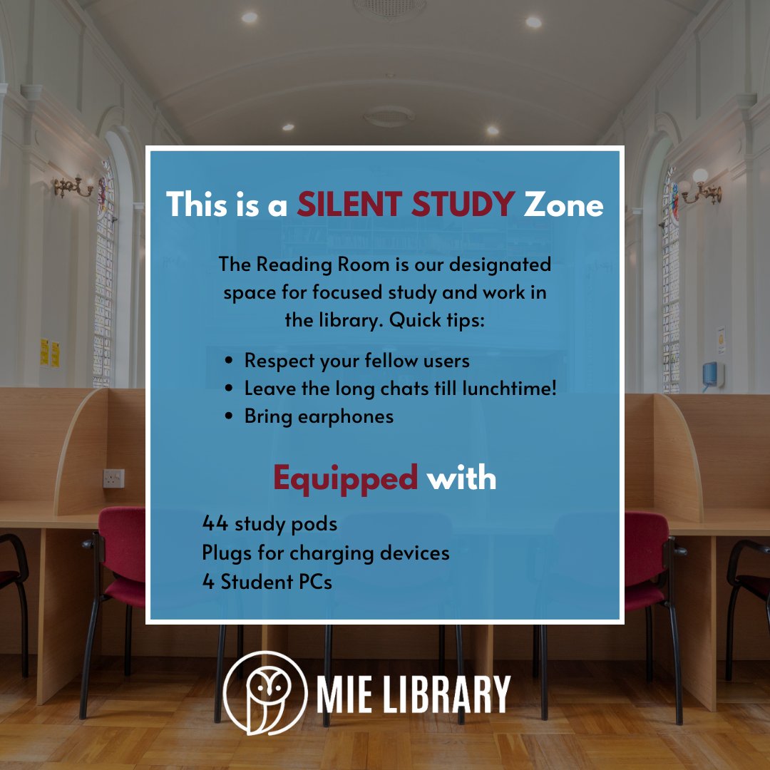 MIElibrary's tweet image. 📖Our Reading Room is a silent study zone located upstairs in the library. See the image attached for our tips on using this space!

#ExploreMIELibrary #SilentStudy #Orientation #Freshers #YourSpace #DoSpás