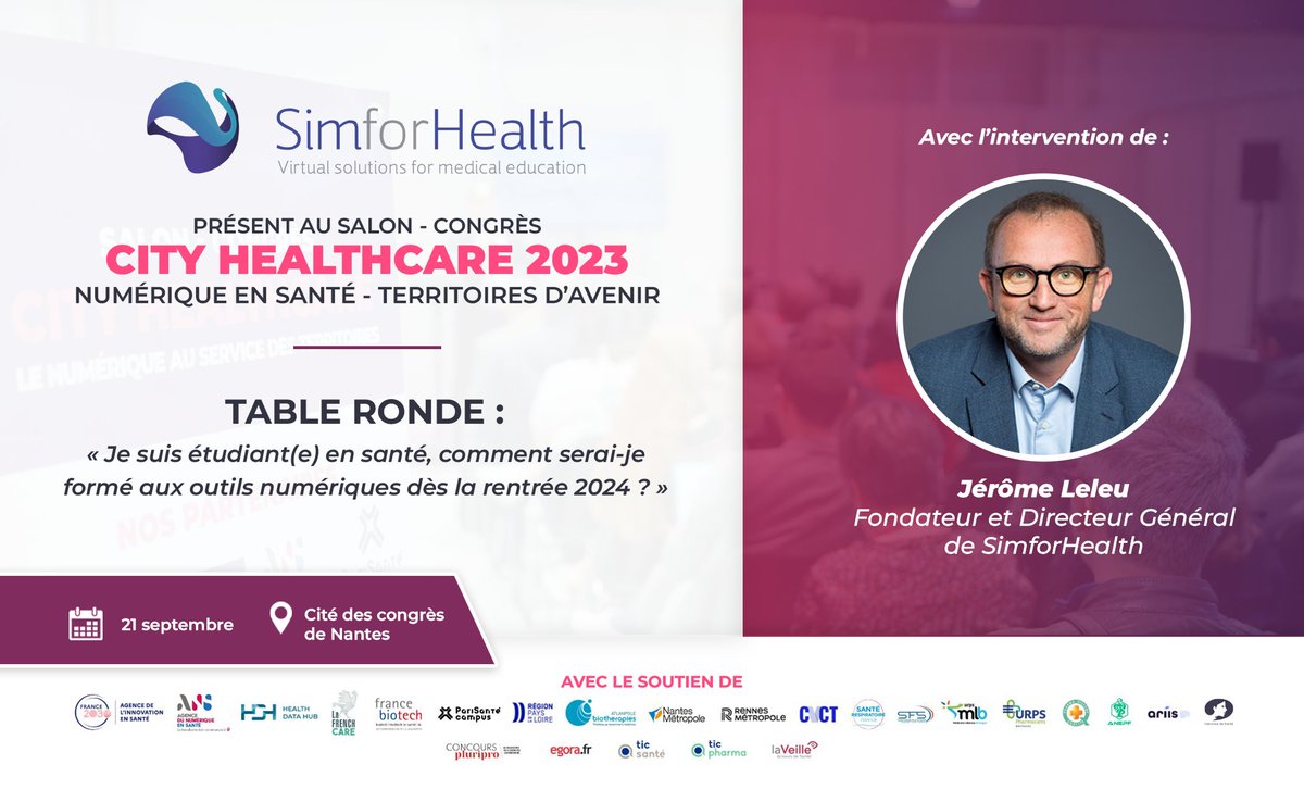 🚀 [City Healthcare] Numérique en santé : Territoires d’avenir. 🗨️ Retrouvez @jeromeleleu Fondateur et Directeur Général de SimforHealth lors de la table ronde “Je suis étudiant(e), comment serai-je formé aux outils numériques dès la rentrée 2024 ? “ 📌 hubs.li/Q0222Vc60