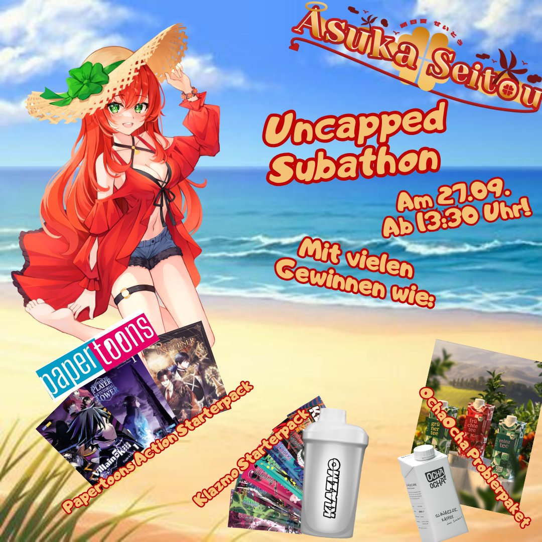 AsukaSeitou's tweet photo. Hier kommt finally die Uncapped Subathon Ankündigung!
Merkt euch das Datum am Besten schon mal vor. ;3

PS: Ab diesem Tag gibt es auf Twitch zusätzlich Rabatt auf die Sub-Gifts. :3

Die ersten Ziele verkünde ich in den kommenden Tagen~❤️🍀

PPS: Bitte fühlt euch nicht gedrängt mich finanziell zu unterstützen! Ich freue mich einfach auf lustige & entspannte Streams mit euch. :D

#Vtuber #GerVtuber #VtuberUprising #Werbung #Giveaways @papertoons_de @klazmoenergy @ochaochatee