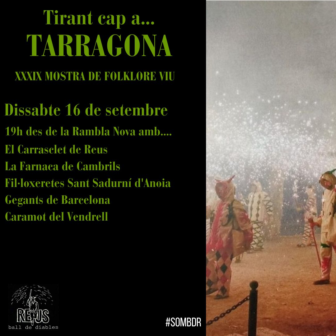 BallDiablesReus's tweet photo. Tirant cap a...TARRAGONA
Aquest dissabte 16 de setembre a les 19h i des de la Rambla Nova estarem presents a la XXXIX Mostra de Folklore Viu.
Acte emmarcat en la celebració dels 40 anys del @balldiablestgn.
#SomBDR
#BDRonTour https://t.co/2u9uKISk4u