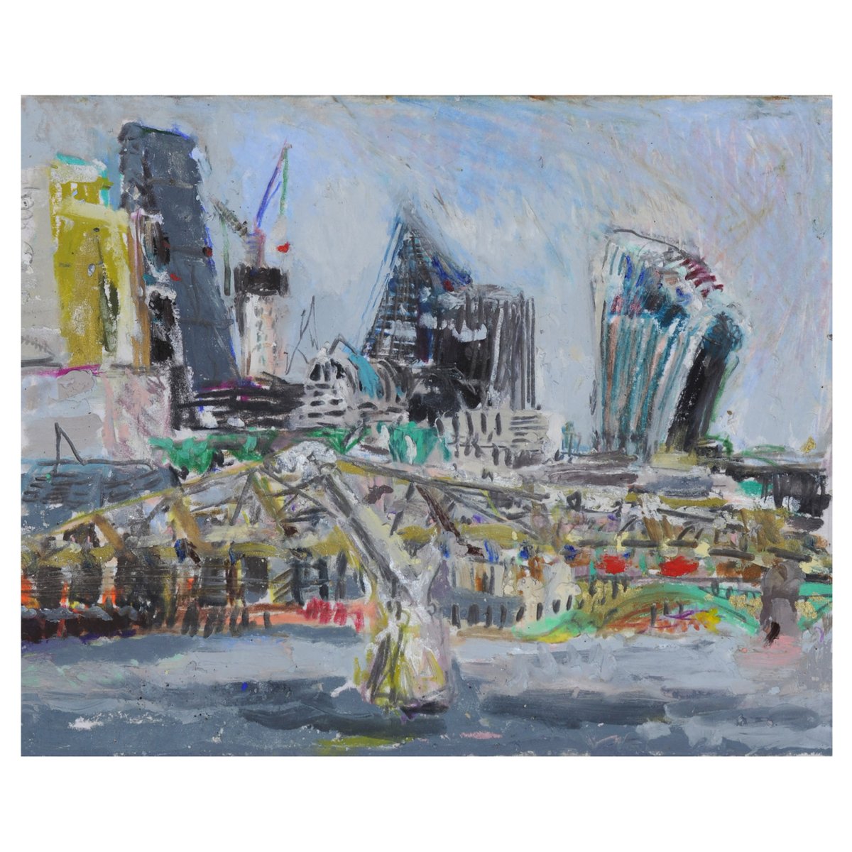 Skyline and Wobbly Bridge. 
Oil pastel and pencils on paper, 16 x 23cm, £180 (framed)
London: Skyline and River Solo exhibition of drawings along the River Thames. At the wonderful Barbican Library, 2nd floor @barbicanlibs
@barbicancentre
1 - 26 September Totally Thames Festival