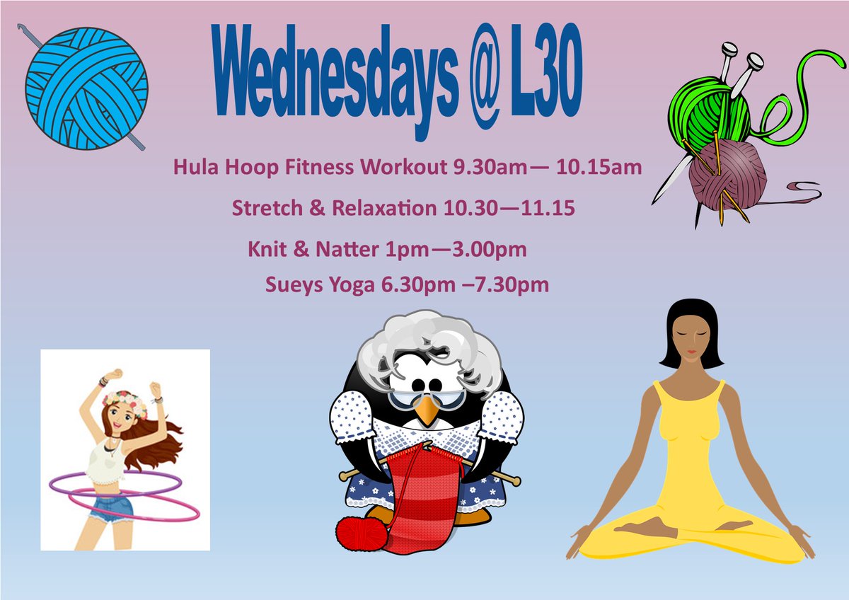 Good Morning. A full busy day at the centre today!
9.30 - 10.15am Sueys Hula Hoop Fitness
10.30am - 11.15am Stretch &amp; relaxation
1.00pm - 3.00pm Knit &amp; Natter
6.30pm - 7.30pm Sueys Yoga.
We look forward to seeing you all later.