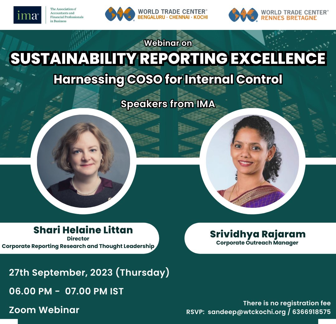 Learn how to attain sustainable growth through modern accounting while preserving our planet's resources, and master COSO's Internal Control Framework for Sustainability.  #coso #esg
<a href="/IMA_News/">IMA</a>  |  <a href="/WTCbretagne/">WTC Rennes Bretagne</a> 
To register, us06web.zoom.us/webinar/regist…