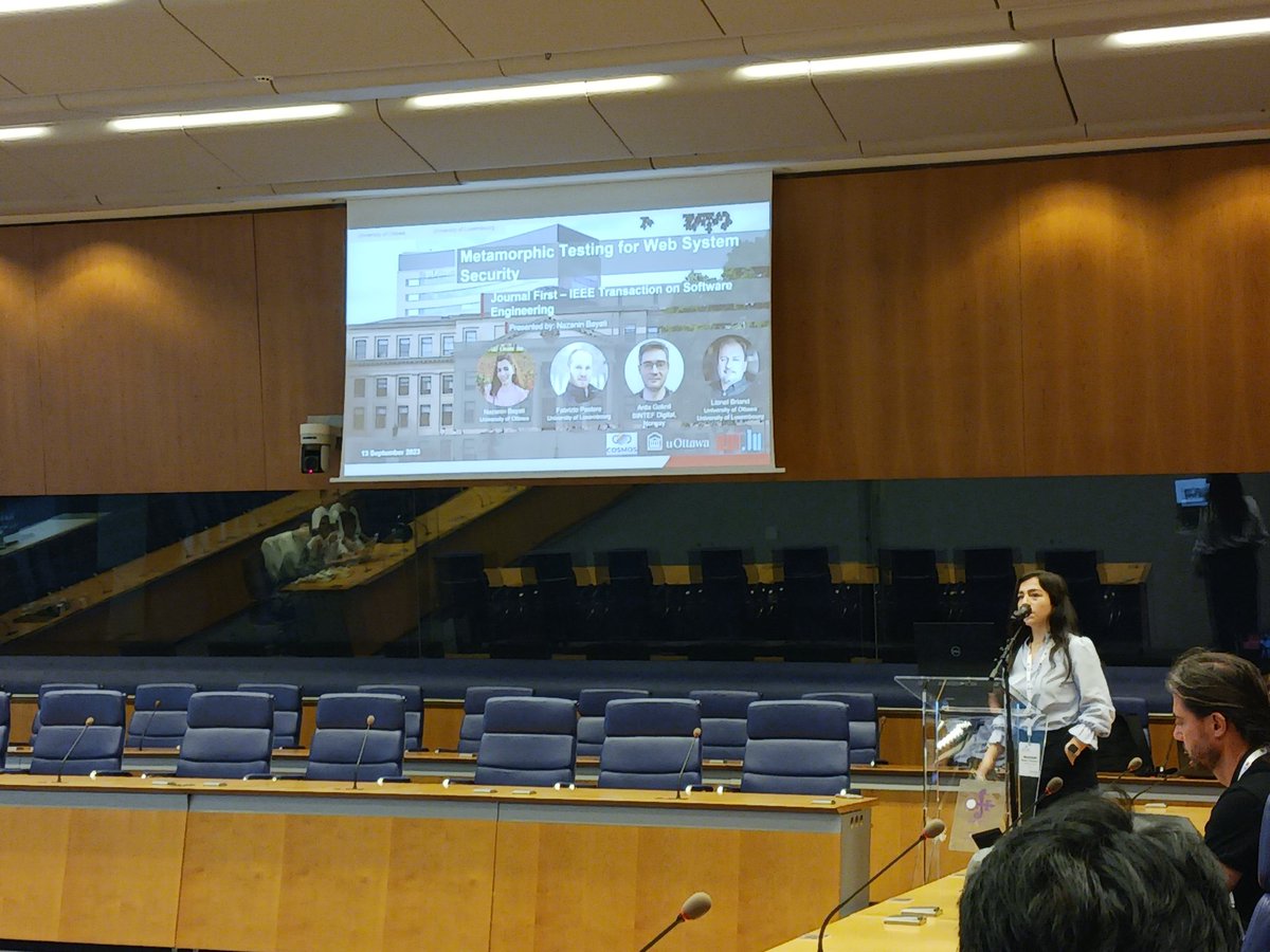 Are we at the European Parliament? No it's @ASE_conf ! And Nazanin is presenting our approach for metamorphic security testing! With @lionel_c_briand and Arda Goknil, co-funded by @COSMOS_DEVOPS