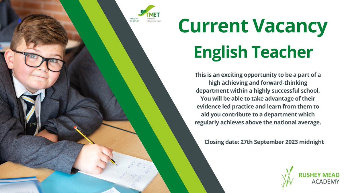 RusheyMeadAcad's tweet photo. Seeking an inspired Teacher of English to join a passionate &amp; enthusiastic department and contribute to making a positive difference to the students of Rushey Mead Academy!
For more information and to apply: - https://t.co/MXV2iDvwC6 https://t.co/3UHHBK1GQf