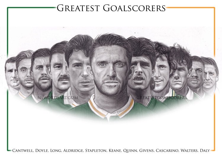 My drawing of the 11 who have scored the most goals for @IrelandFootball with all time top scorer Robbie Keane in the centre✍️🇮🇪 L to r: Cantwell, Doyle, Long, Aldridge, Stapleton, Keane, Quinn, Givens, Cascarino, Walters, Daly As always retweets are really appreciated #COYBIG
