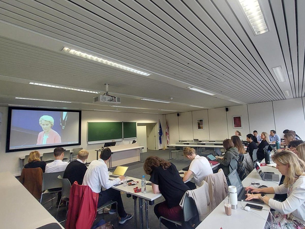 EUDiploAcademy's tweet photo. The diplomats of the European Diplomatic Academy watch together @vonderleyen’s #SOTEU 2023. The screening was followed by an exchange with @FedericaMog on matters of relevance for #EUDiplomacy and external affairs https://t.co/hLQKykhsfz