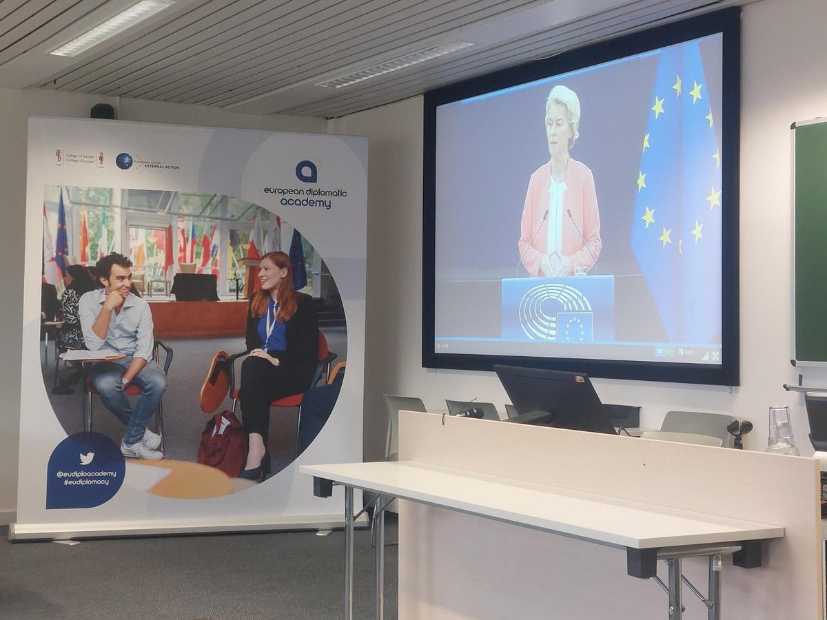 EUDiploAcademy's tweet photo. The diplomats of the European Diplomatic Academy watch together @vonderleyen’s #SOTEU 2023. The screening was followed by an exchange with @FedericaMog on matters of relevance for #EUDiplomacy and external affairs https://t.co/hLQKykhsfz