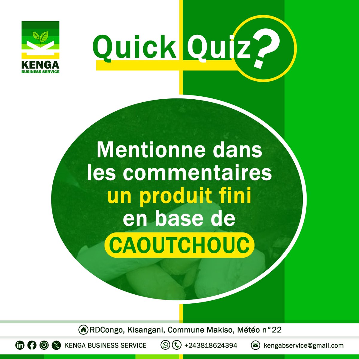 KengaBService's tweet photo. QUICK QUIZ ✍️
Mentionne dans les commentaires un produit fini en base de CAOUTCHOUC
#KengaBService #Caoutchouc #Hevea #Matelas #Pneu #Pneus #Pneumatique https://t.co/VrTPc82vVR