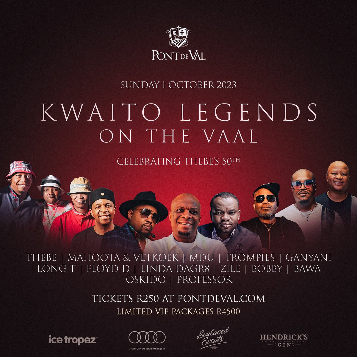 Kwaito Legends on the Vaal! Join us for this riverside event at Pont de Val Winery Gardens on Sunday, 1 October 2023.

Tickets available at R250 per person at pontdeval.com/events with the option of a limited VIP package at R4500 per couple.

#pontdeval #kwaitolegends