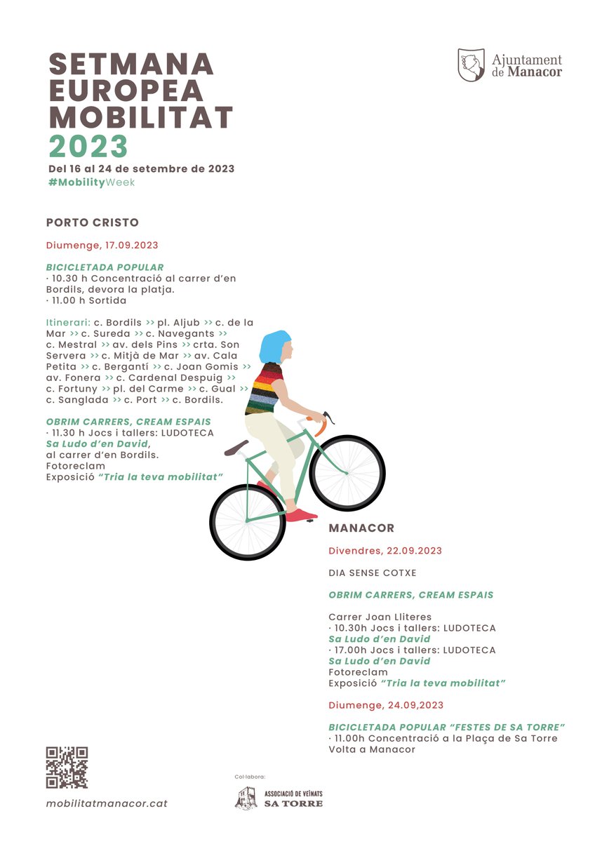 🚴‍♀️ La Setmana Europea de la Mobilitat 2023 és a punt de començar! Consultau les activitats sostenibles que hem programat per promoure la mobilitat activa i la consciència ambiental! 🌿

🌍👣 ℹ️ T manacor.org/ca/noticies/la…
.
.
.
#MobilityWeek
#LesPersonesAlCentre
#FeimPoble
