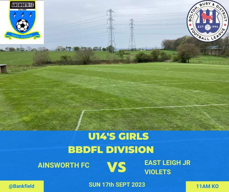 Triple Header this weekend at Bankfield.

Saturday 16th Sept:

NBJFL - U17's vs Westbury Warriors - 9.30am KO

LAL - 1st team vs Tyldsley FC - 2.30pm KO

Sunday 17th Sept:

BBDFL - U14's girls vs East Leigh Jr Violets - 11am KO