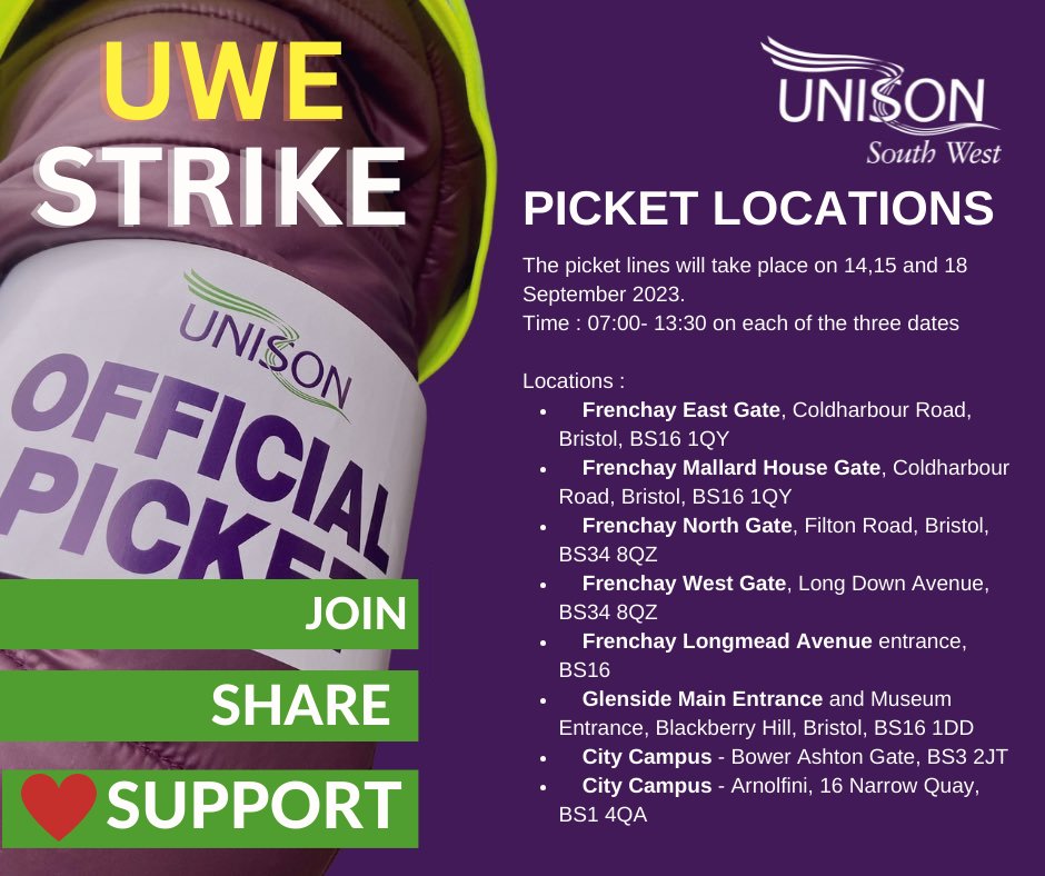 UNISONSW's tweet photo. Details of the picket lines for the UWE strike tomorrow, Friday and Monday. Go along and give them some support if you can!  👇👇 https://t.co/ahHnFXnkuE