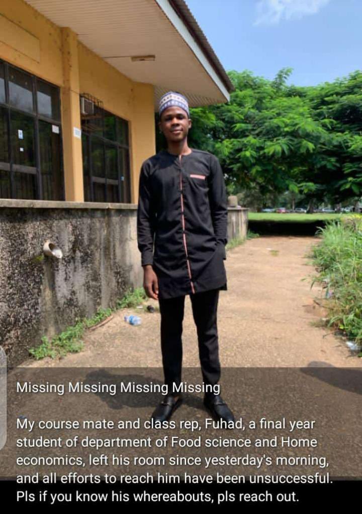 InsideIlorin_NG's tweet photo. Missing ❗❗

A 500L student of Department of food science, University of Ilorin has been missing since yesterday.

He was last seen yesterday morning around 6am. 

Please kindly reach out to this number if you know his whereabouts 08037784552.

Kindly,  Repost 🙏 https://t.co/Q6Yzht9xo9