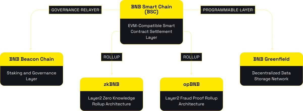 DeFi_Made_Here's tweet photo. Like it or not but @BNBCHAIN is the most popular and active EVM chain right now.

And it will keep growing for a simple reason:

Binance has 150m registered users while the whole DeFi has only around 7m real users. Despite the majority of the CT does not believe in it, BSC is a gateway for Web2 users to discover Web3.

On top of that @Binance launched a $500m Investment Fund to invest in projects that can expand cryptocurrency use cases and drive the adoption of Web 3 and blockchain technologies.

Additionally, they have different programs to support developers and projects such as:

• Builder grant program
• Gas grant program
• MVB accelerator, etc

BNB Smart Chain already has

• Highest Trade Count
• Most Pools Traded
• Most Unique Traders
• 2nd in total protocols

BNB Smart Chain alone won't be able to absorb the next billion users and here come the scaling solutions:

• opBNB - Layer 2 scaling solution for the BNB Smart Chain powered by the bedrock version of @optimismFND opStack.

• BNB Greenfield - a standalone, storage-oriented blockchain and a decentralized network of storage providers.

• zkBNB - an architecture for developers that helps them to build large-scale BSC-based apps with higher throughput and low transaction fees.

Binance is also building an infrastructure's bottom layer - @trustwallet - the most popular crypto wallet in the world.

Wallets are the gate that underlies any interaction with web3.

The one who controls the gate in the world of the new digital economy, controls the interaction of the flow of funds of this entire economy.

Conclusion

If BSC can successfully roll out its plans, it will continue growing and maintaining the position of the most used blockchain in the space.

However, it might still have to overcome regulatory pressure and continue building towards decentralization of the network.
