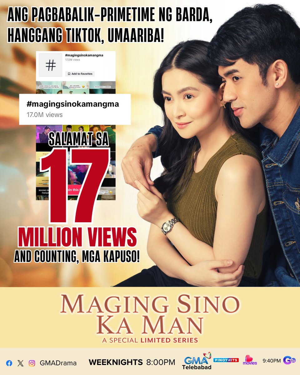 GMADrama's tweet photo. 17 MILLION VIEWS AND COUNTING! 🤩 Taos-puso po ang aming pasasalamat sa inyo, mga Kapuso! ❤️ 

'Wag palampasin ang #MagingSinoKaManGMA, tuwing 8:00 PM sa GMA Telebabad! https://t.co/fSNM5GRc7j