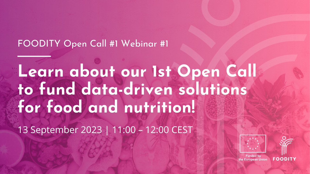 🚨 LAST CHANCE to participate in our 1st open call #InfoDay! If you haven't already done so, register now for today's info webinar and join us at 11:00 am CET to find out the keys to our #OpenCall with our @f6s colleagues Nika Levikov and @samueljalmeida: f6s.com/foodity-open-c…