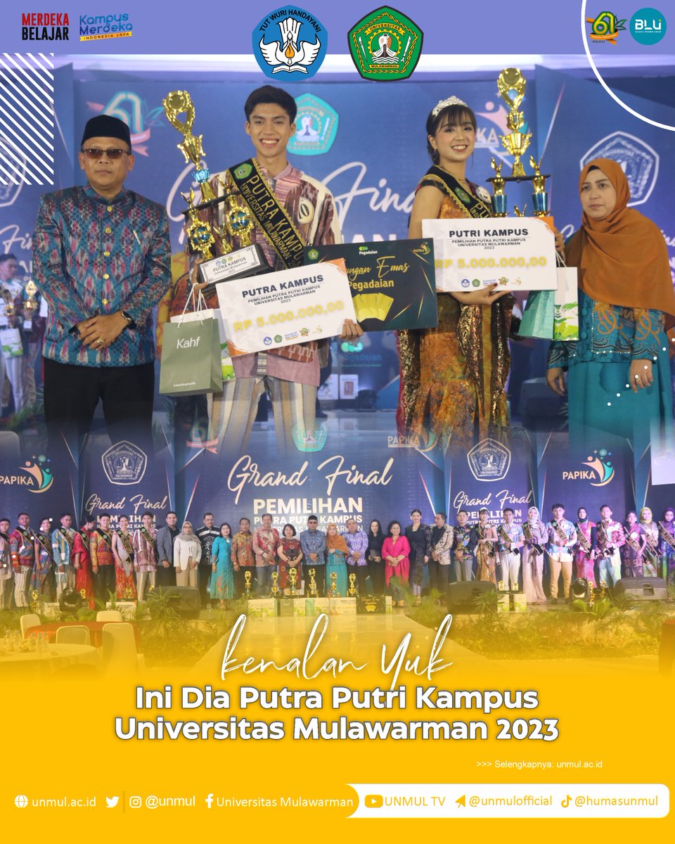 Ini Dia Putra Putri Kampus Universitas Mulawarman

PAPIKA Kembali Terlaksana di Tahun 2023

Selengkapnya:
unmul.ac.id/post/ini-dia-p…

#PAPIKAUNMUL #PAPIKAUNMUL2023 #PuteraPuteriKampus #PuteraPuterikampusUNMUL #UNMULHebat #UNMUL #DiesNatalis61UNMUL