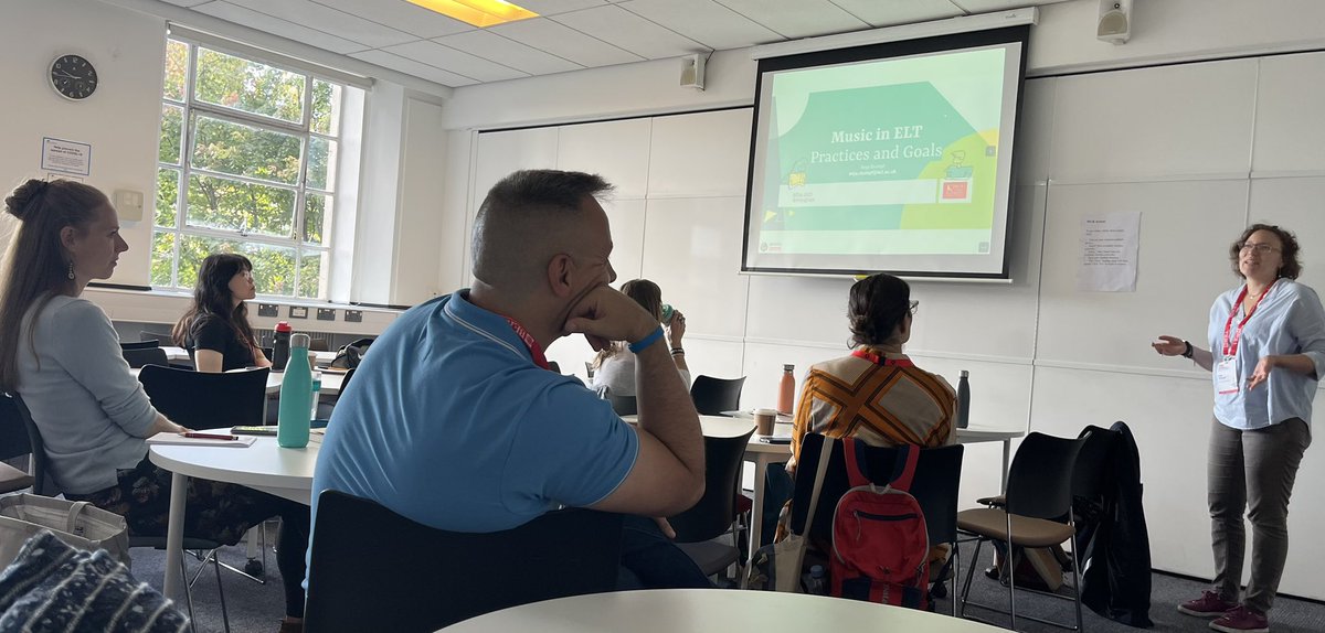 Multi_linguals's tweet photo. My mate Anja Stumpf @jazzyme15 presenting her doctoral research this morning. All about using music to achieve learning goals in language teaching &amp; learning. She’s chairing the session, too..! #BERA2023 @BERANews https://t.co/vaK1lQbbZi
