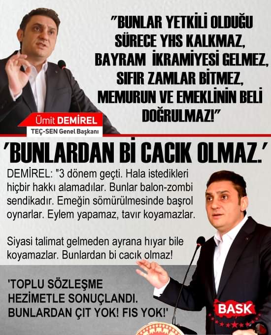 tecsen's tweet photo. DEMİREL: "Toplu sözleşme masasında hiçbir şey almamış, hakem heyetinden de bir sonuç almamış, hezimete uğramış, memurların yetki verdiği yani benim hakkım için mücadele et, benim hakkımı koru dediği yetkili sendikadan çıt yok! fıs yok! #memur

https://t.co/yDYEF1S9yc https://t.co/9mfVNHsmhk