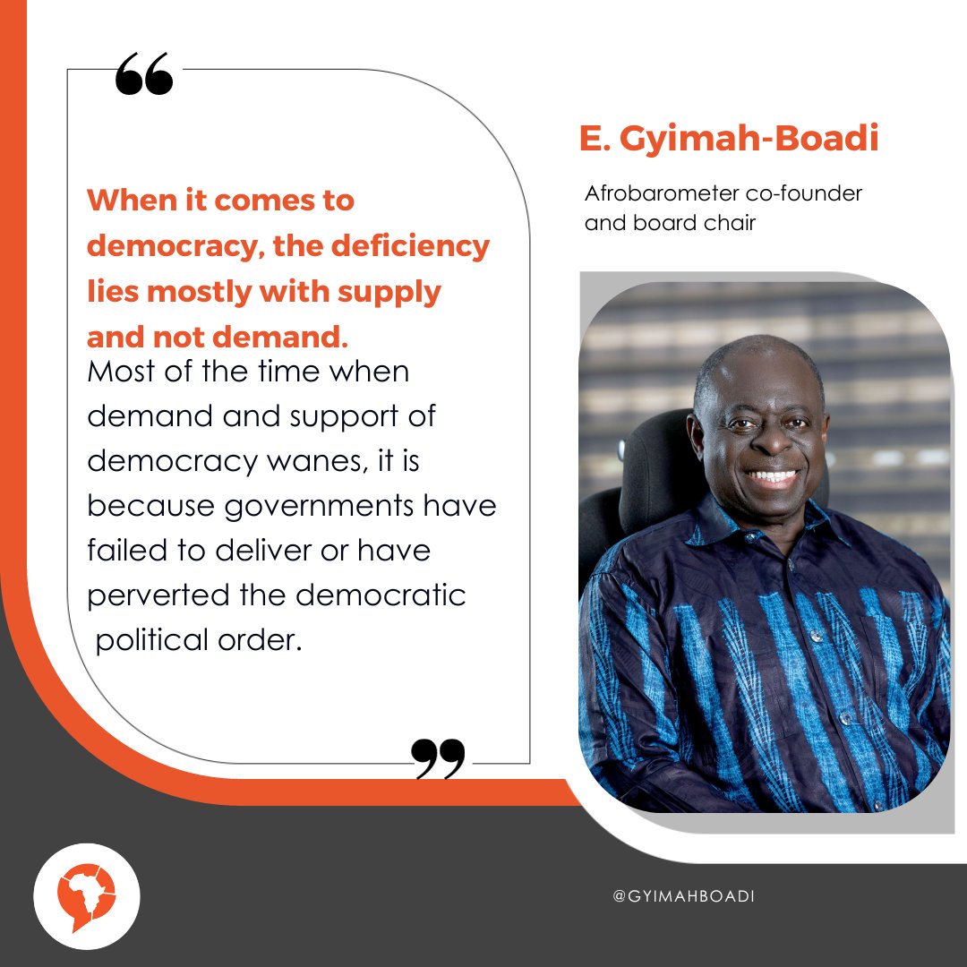 'Africans want governments that are democratic and accountable, but many governments are still not delivering the quality and extent of democracy that their people want,' said Afrobarometer Board Chair @gyimahboadi yesterday as he shared latest survey findings with…