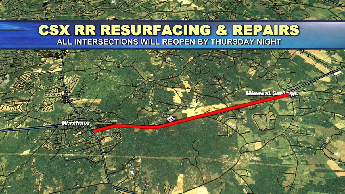 TrafficTeam9's tweet image. ALERT: CSX maintenance happening along multiple  railroad crossings from #MineralSprings to #Waxhaw in #UnionCo. The exact intersections and how long the closures will last coming up at 5:10AM on @wsoctv #clt #cltraffic #clttraffic