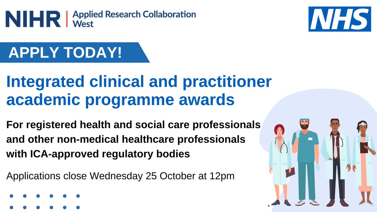 NHS England and <a href="/NIHRresearch/">National Institute for Health and Care Research</a> have an award opportunity available for those in the south west who are aspiring to develop a clinical academic career.  

Find out more and apply here 👉 orlo.uk/MFj4f

#NIHRAwards #NIHR @NIHRSW @NIHRSW <a href="/Peninsula_ARC/">PenARC (NIHR ARC South West Peninsula)</a> <a href="/ARC_West/">NIHR Applied Research Collaboration (ARC) West</a>