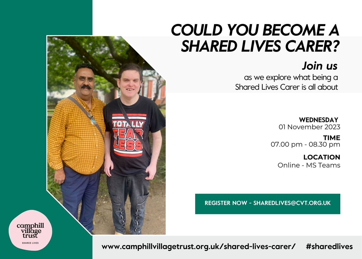 We are excited to be hosting an online webinar all about Shared Lives. Join us on 01/11/23 to hear from our  team, Shared Lives Carers and people supported, and find out how you can get involved!
#sharedlives #openevent #joinus #information 

eventbrite.co.uk/e/shared-lives…