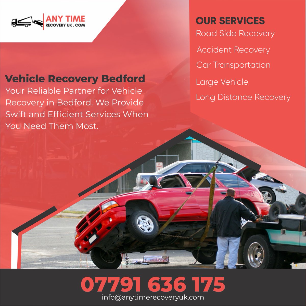 'Your reliable partner for vehicle recovery in Bedford, United Kingdom. We provide swift and efficient assistance whenever you need it.'  

anytimerecoveryuk.com
#VehicleRecoveryBedford
#BedfordTowing
#EmergencyRecovery
#CarRescue
#RoadsideAssistance
