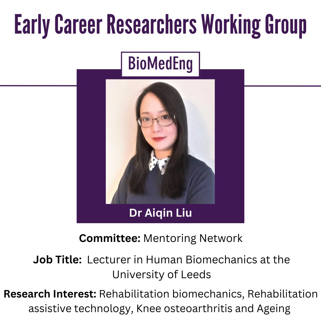 🎉 Welcome to our next committee member introduction for the BioMedEng ECR Working Group!

Introducing: 
✨✨Dr Aiqin Liu✨✨

Committee: Mentoring Network 👥

Twitter: <a href="/AiqinLiu/">Aiqin Liu</a>
LinkedIn: linkedin.com/in/aiqinliu/
Website: biologicalsciences.leeds.ac.uk/biological-sci…