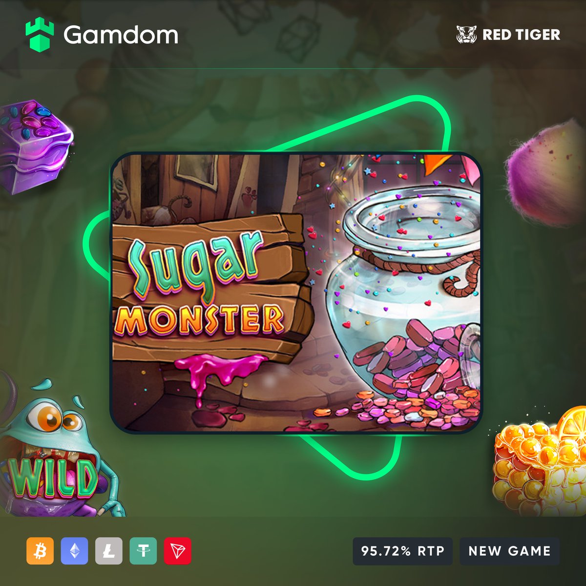 gamdom's tweet photo. 🍬 New Game: Sugar Monster 😈

Can't get enough of sweet treats? Then you'll love Red Tiger Gaming's Sugar Monster! 🍭🍬🍫

---
$32 Bonus Buy #Giveaway to a lucky user!

💚 + 🔁 + Tag a Friend
---

Surely this one will satisfy your sweet tooth 😁 https://t.co/UNnQDRRN9Q