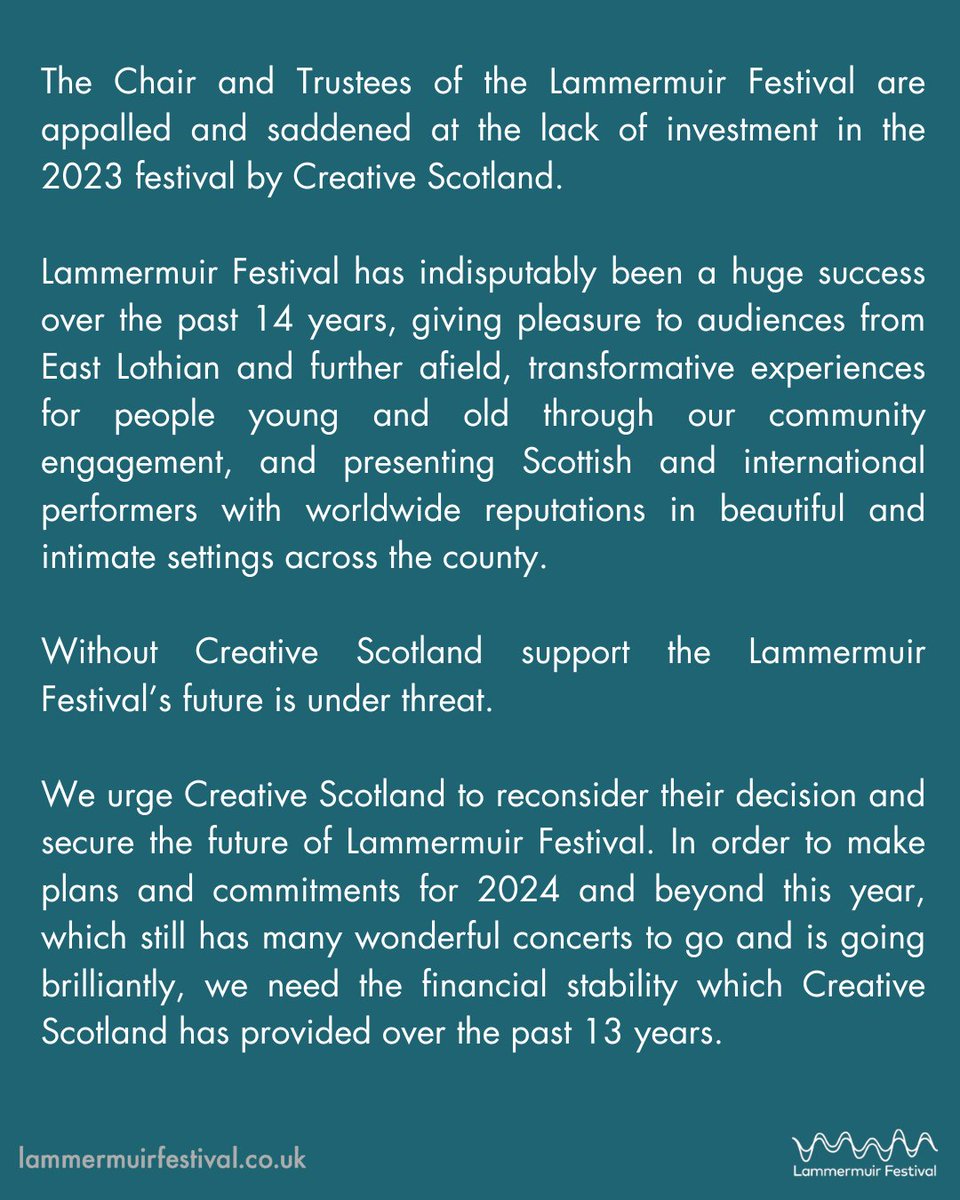 A statement on the future of the Lammermuir Festival. Please read the full statement on our website, where you can also find out how you can help: lammermuirfestival.co.uk/news-lammermui…