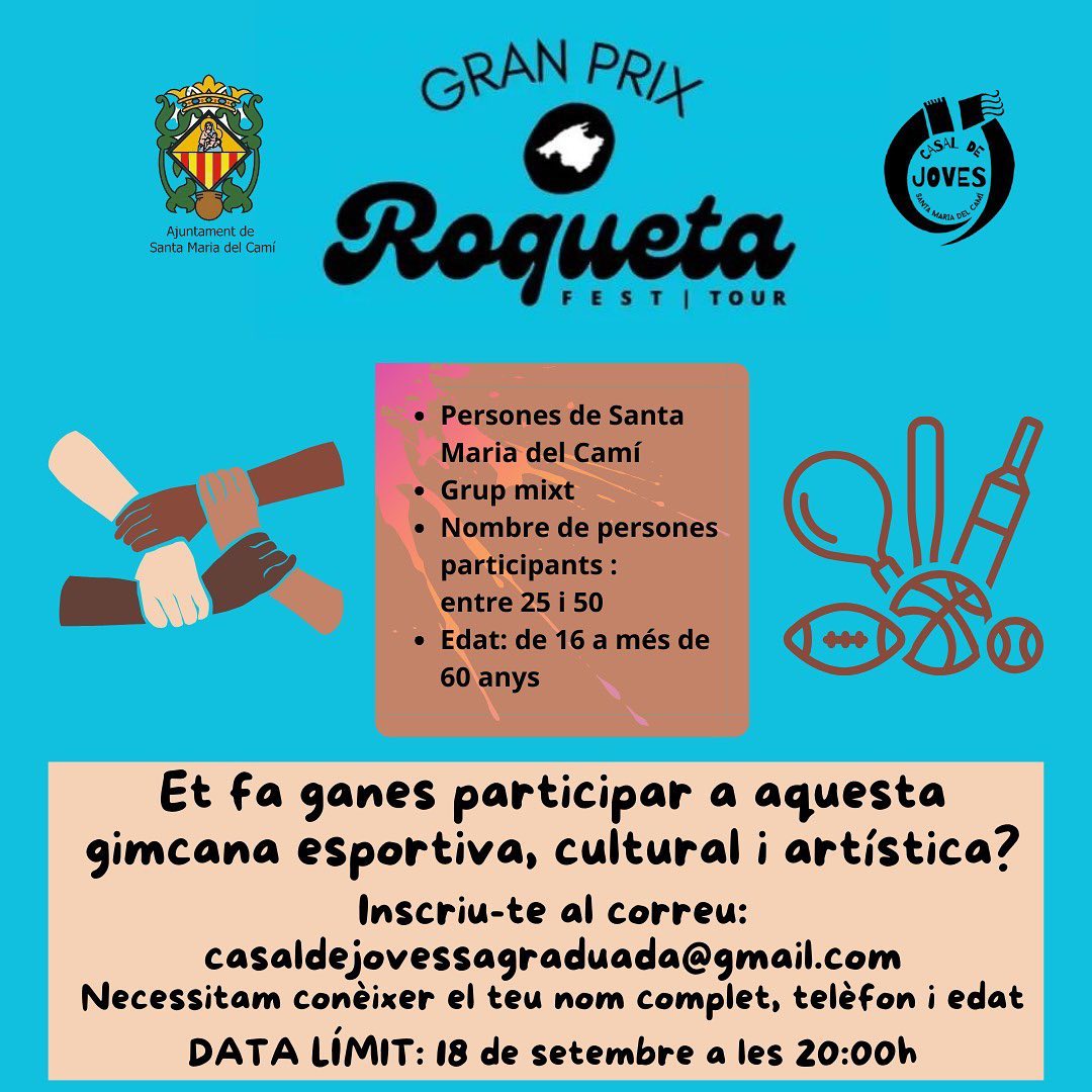 Vols participar al Gran Prix Roqueta? 
Només cal enviar un correu a casaldejovessagraduada@gmail.com amb el teu nom, edat i número de contacte. Edat mínima: 16 anys. És important que hi hagi algunes persones majors de 60.
I amb moltes de ganes de riure i fer poble!
Anima't!