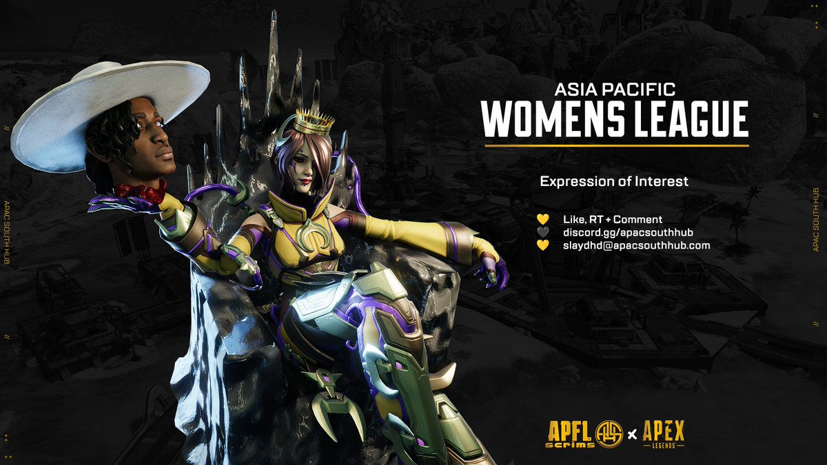 🎉 ASIA PACIFIC <a href="/PlayApexEsports/">Apex Legends Esports</a> WOMEN'S LEAGUE 🎉

APAC-South + APAC-North Female Gamers:
We're creating a female competitive Apex league!

- Regular Scrims
- Balanced Divisions
- Cash Cup Tournaments
- LANs? 👀

Like, RT, &amp; Comment below if you're interested in joining 💛