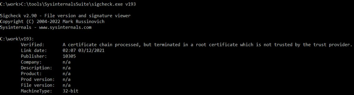 RE tip of the day: Attackers may sign their executables with valid certificates to reduce the chances of them being detected. The sigcheck command-line tool (part of Sysinternals Suite) can be used to explore signature details #infosec #cybersecurity #malware #reverseengineering