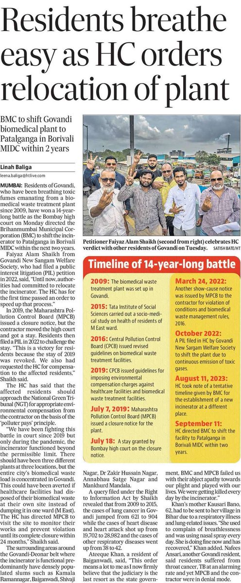Residents of Govandi, have won a 14-year-long battle as the Bombay high court on Monday directed the @mybmc to shift the incinerator to Patalganga in Borivali MIDC within the next two years. @htTweets @linahOlinah