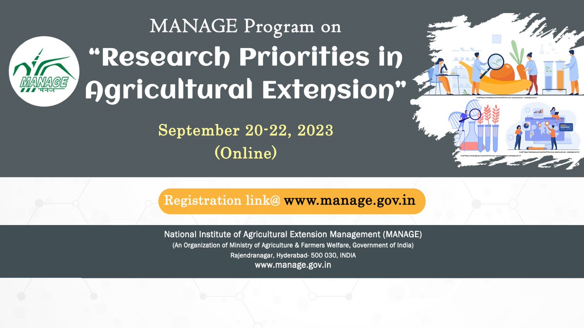 CaeiraManage's tweet photo. Join us for a stimulating discussion on "Research Priorities in Agricultural Extension" – an exclusive event tailored for PG/PhD students, faculty, and industry experts! @ https://t.co/X3Hb0yeLr0
@SaravananRajG  @CiaManage @ManageHyd 
#agriculture #Research #agriresearch https://t.co/N0xT9psdZR