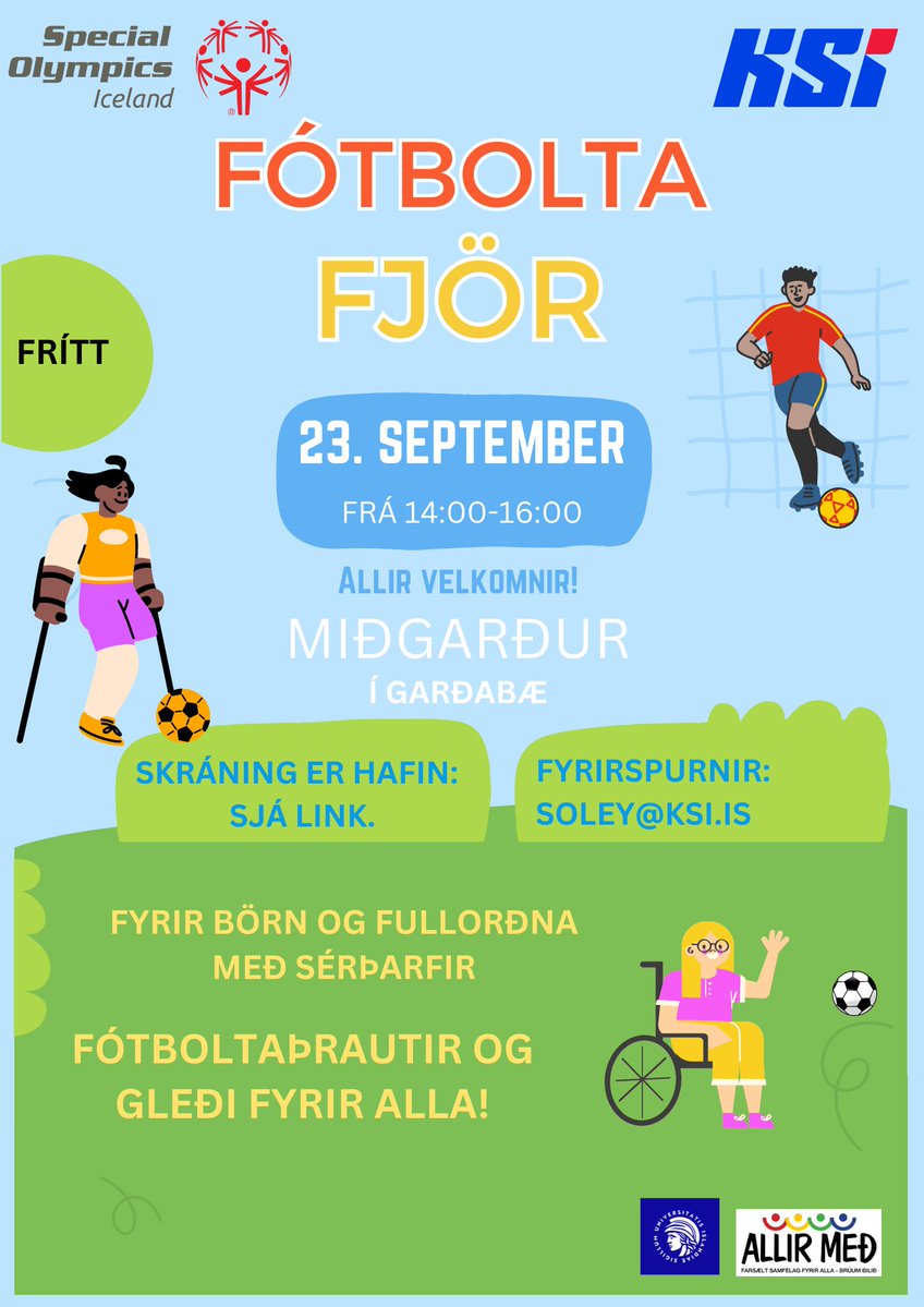 👀Laugardaginn 23. september verður sannkallað fótbolta fjör í Miðgarði í Garðabæ fyrir einstaklinga með sérþarfir!

🎉Boðið verður upp á fjölbreyttar þrautir og leiki!

Skráning er hafin hér 👉 surveymonkey.com/r/fotboltafjor