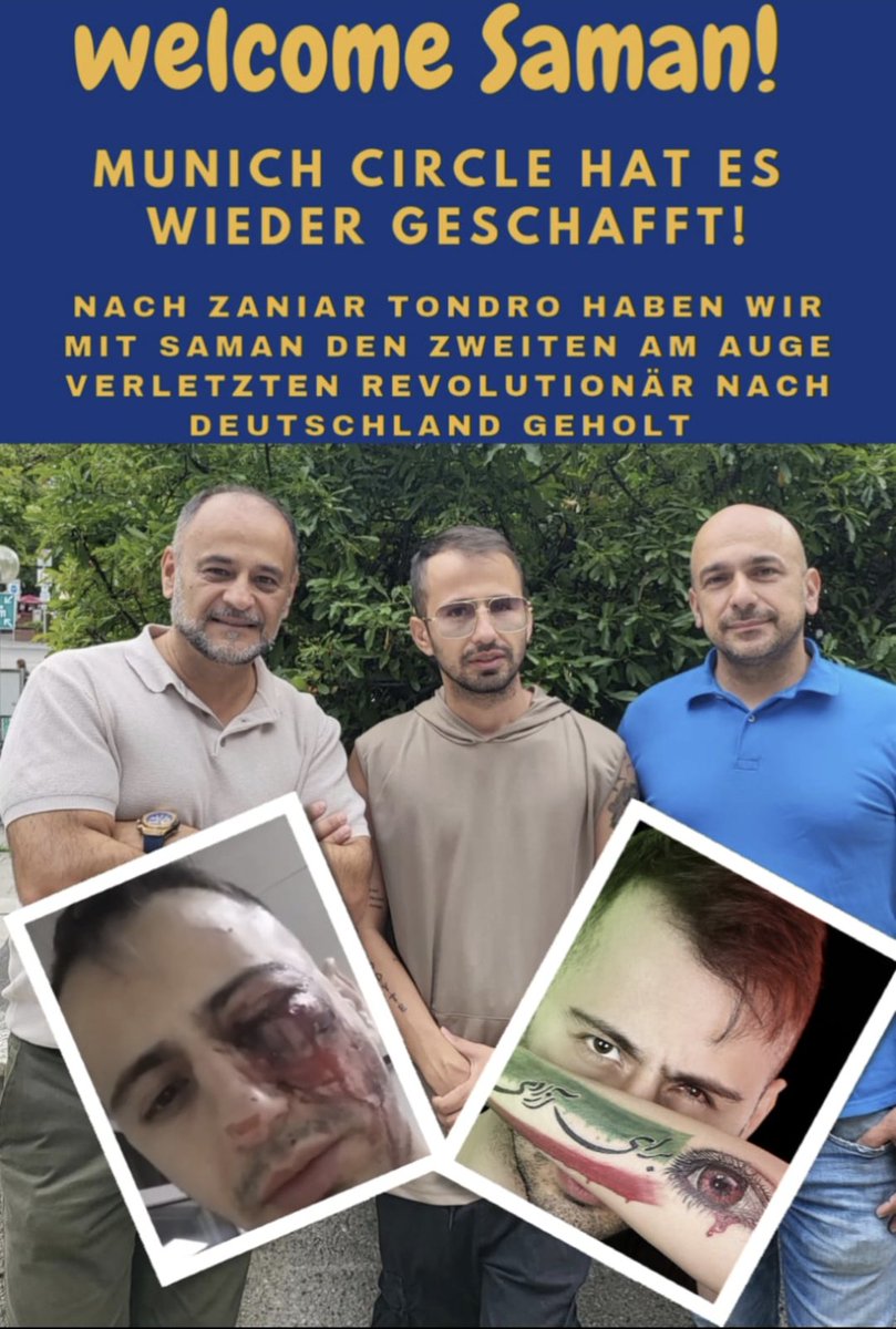 The Munich Circle e.V. hat den am Auge verletzten Revolutionär Saman in Sicherheit gebracht und nach München geholt. <a href="/samaniist/">samaniist‌</a> <a href="/MunichCircle/">The Munich Circle</a> @bardyar_