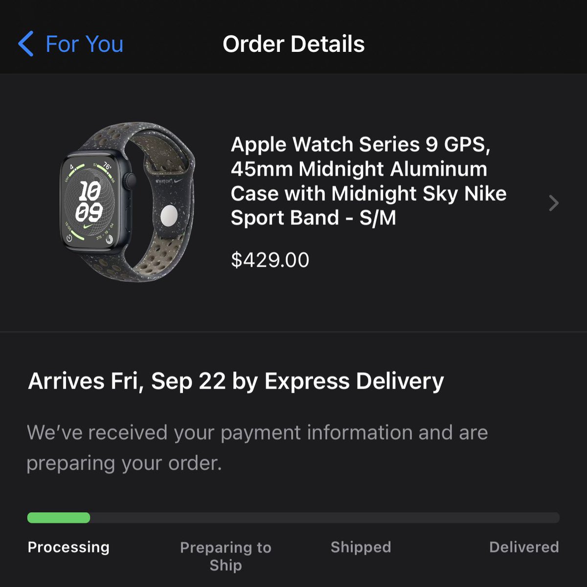 سويت حجز مسبق للساعة من متجر ابل   
الشحن راح يكون بتاريخ 22/9 
و السعر 429$ 😍

تتوقعون الشركات شكد سعرها راح تجيبها 🫣 ؟

#Ali_Majeed
#AppleEvent 
#AppleWatchSeries9 
#AppleWatch