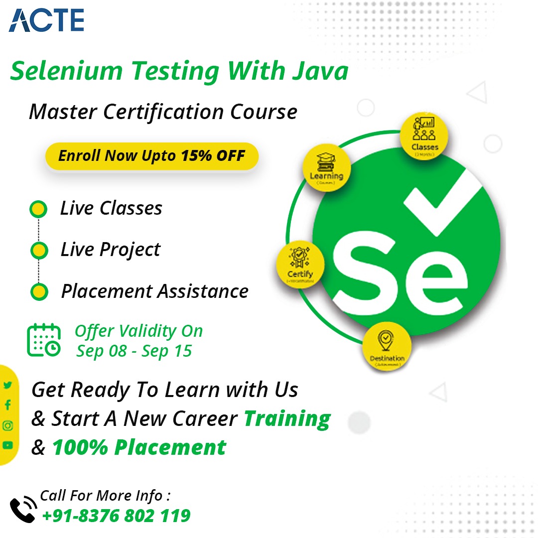 Master the art of Selenium Testing with Java! Join our comprehensive course and enhance your automation skills. Learn to write efficient and robust Selenium tests. 🚀 #SeleniumTesting #JavaAutomation

Enroll today!

Click here👉acte.in/selenium-with-…
