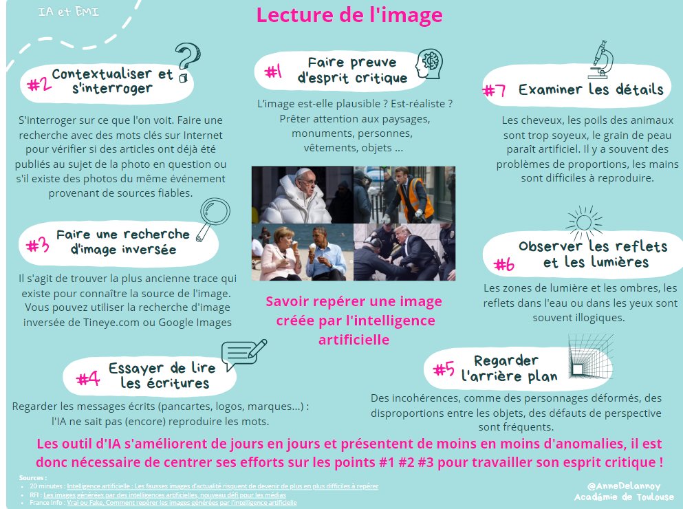 [Site académique #profdoc] 
💡Le site des #profdocs de l'<a href="/actoulouse/">Académie de Toulouse</a> propose une réflexion autour de la lecture d'image et de l'#IA à travers 7⃣ clés d'analyse de l'image pour travailler son #EspritCritique

📍pedagogie.ac-toulouse.fr/documentation/…

cc <a href="/_AnneDelannoy/">Anne Delannoy</a> <a href="/eduscol_EMI/">éduscol EMI</a>